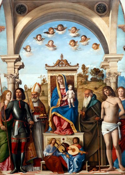 Madonna ja lapsi valtaistuimella pyhien Catherine, George, Nicholas, Anthony Abbot, Sebastian ja Lucy kanssa tekijältä Giovanni Battista Cima da Conegliano