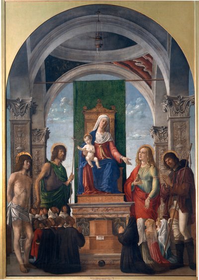 Madonna ja lapsi valtaistuimella Pyhän Sebastianin, Pyhän Johannes Kastajan, Pyhän Maria Magdaleenan, Pyhän Rochin ja San Giovanni Evangelistan veljeskunnan jäsenten kanssa tekijältä Giovanni Battista Cima da Conegliano