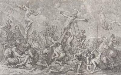 Ristiinnaulitseminen, ristin laskeminen keskellä, sotilaat läpi ja varas..., 1762. tekijältä Giovanni Battista Cipriani