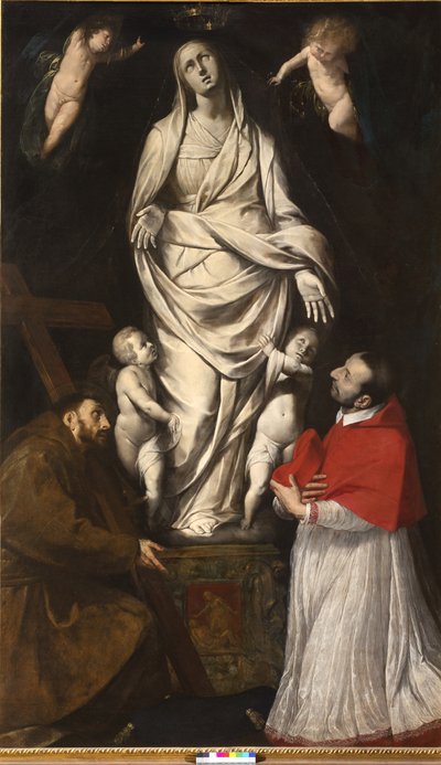Pyhä Franciscus ja siunattu Kaarle Borromeo rukouksessa Neitsyt Marian patsaan edessä San Celsossa Milanossa, noin 1610 tekijältä Giovanni Battista Crespi