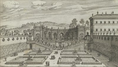 Toinen perspektiivinäkymä Mondragonen Teatro et Giardino Contigvosta Frasissa ..., 1691 tai sen jälkeen. tekijältä Giovanni Battista Falda