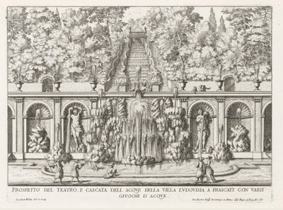 Cascade en Teatro delle Acque in de tuinen van de Villa Torlonia te Frascati Esite Villa Ludovisian teatterista ja vesikaskadista (...) (otsikko esineessä) Frascati-huviloiden suihkulähteet (sarjan nimi) Fonteinen van Frascati (sarjan nimi) tekijältä Giovanni Battista Falda