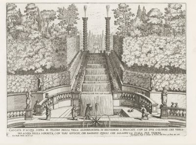 Cascade in de tuinen van de Villa Aldobrandini te Frascati Vesiputous Villa Aldobrandina di Belvederen teatterin yläpuolella Frascatissa (...) (otsikko esineessä) Frascatin huviloiden suihkulähteet (sarjan nimi) Fonteinen van Frascati (sarjan nimi) tekijältä Giovanni Battista Falda