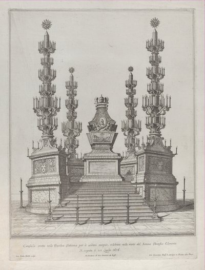 Katafalkki paavi Klemens X:lle: 15-portaiselle tasangolle kohotettu keskusrakennelma, 1676. tekijältä Giovanni Battista Falda