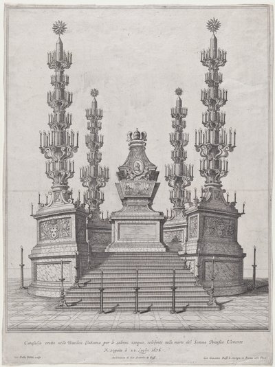 Katafalkki paavi Clement X:lle, keskirakenne viidentoista porrastason yläosassa, 1676. tekijältä Giovanni Battista Falda