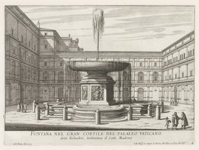 Fontein in de Cortile del Belvedere Vatikaanissa Suihkulähde Vatikaanin palatsin suurella pihalla (otsikko esineessä) Fountains of Rome (sarjan nimi) Fonteinen van Rome (sarjan nimi) tekijältä Giovanni Battista Falda