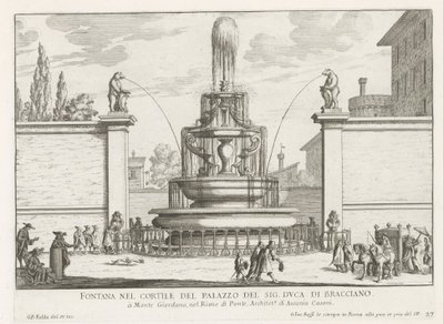 Fontein in de binnenplaats van Palazzo Taverna te Rome Suihkulähde Mr. Braccianon herttua (otsikko esineessä) Fountains of Rome (sarjan nimi) Fonteinen van Rome (sarjan nimi) tekijältä Giovanni Battista Falda
