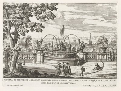 Fontein in de tuinen van de Villa Aldobrandini te Frascati Belvederen suihkulähde Frascatissa, rakennettu tämän puolen edeltäjän lattian yläpuolelle (...) (otsikko esineessä) Frascatin huviloiden suihkulähteet (sarjan nimi) Fonteinen van Frascati (sarjan n tekijältä Giovanni Battista Falda