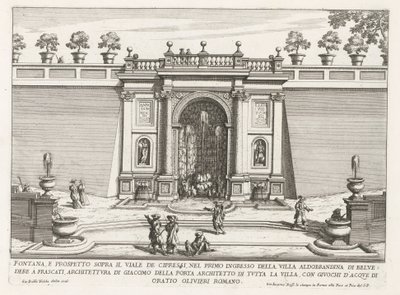 Fontein in de tuinen van de Villa Aldobrandini te Frascati Suihkulähde ja korkeus sypressikadun yläpuolella (...) (otsikko esineessä) Frascati-huviloiden suihkulähteet (sarjan nimi) Fonteinen van Frascati (sarjan nimi) tekijältä Giovanni Battista Falda