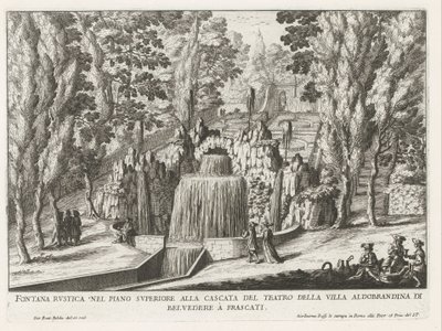 Fontein in de tuinen van de Villa Aldobrandini te Frascati Maalaismainen suihkulähde teatterin vesiputouksen yläkerrassa (...) (otsikko esineessä) Frascatin huviloiden suihkulähteet (sarjan nimi) Fonteinen van Frascati (sarjan nimi) tekijältä Giovanni Battista Falda