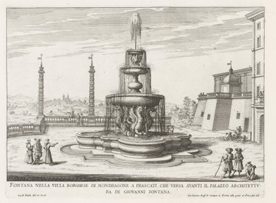 Fontein in de tuinen van de Villa Mondragone te Frascati Suihkulähde Villa Borghese di Mondragonessa Frascatissa (...) (otsikko esineessä) Frascati-huviloiden suihkulähteet (sarjan nimi) Fonteinen van Frascati (sarjan nimi) tekijältä Giovanni Battista Falda
