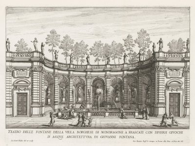 Fontein in de tuinen van de Villa Mondragone te Frascati Mondragonen Villa Borghesen suihkulähteiden teatteri Frascatissa (...) (otsikko esineessä) Frascati-huviloiden suihkulähteet (sarjan nimi) Fonteinen van Frascati (sarjan nimi) tekijältä Giovanni Battista Falda