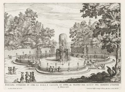 Fontein in de tuinen van de Villa Torlonia te Frascati Ylempi suihkulähde portaiden yläosassa ja vesiputous teatterin yläpuolella (...) (otsikko esineessä) Frascati-huviloiden suihkulähteet (sarjan nimi) Fonteinen van Frascati (sarjan nimi) tekijältä Giovanni Battista Falda