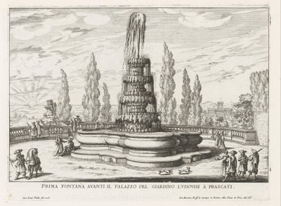 Fontein in de tuinen van de Villa Torlonia te Frascati Ensimmäinen suihkulähde Palazzo del Giardino Ludovisin edessä Frascatissa (otsikko esineessä) Frascati-huviloiden suihkulähteet (sarjan nimi) Fonteinen van Frascati (sarjan nimi) tekijältä Giovanni Battista Falda