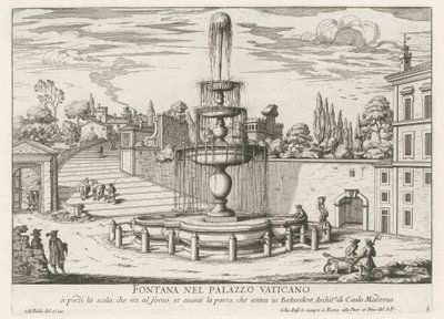 Suihkulähde Vatikaanissa Fontana nel Palazzo Vaticano (otsikko esineessä) Fontane di Roma (sarjan nimi) Fountains of Rome (sarjan nimi) tekijältä Giovanni Battista Falda