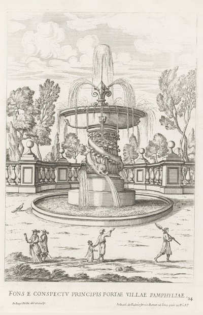 Fontein tapasi dolfijnen Villa Doria Pamphilj te Roomassa Suihkulähde Pamfylian kaupungin prinssin portin edessä (otsikko esineessä) Le fontane ne palazzi e ne giardini di Roma (sarjan nimi) Fonteinen in de paleizen en tuinen van Rome (sarjan nimi tekijältä Giovanni Battista Falda