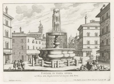 Fontein op Piazza Giudia te Rome Suihkulähde Piazza Giudealla (otsikko esineessä) Fountains of Rome (sarjan nimi) Fonteinen van Rome (sarjan nimi) tekijältä Giovanni Battista Falda