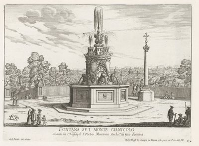 Fontein op Piazza San Pietro in Montorio op de Janiculumberg te Rome Suihkulähde Gianicolo-vuorella (otsikko esineessä) Fountains of Rome (sarjan nimi) Fonteinen van Rome (sarjan nimi) tekijältä Giovanni Battista Falda