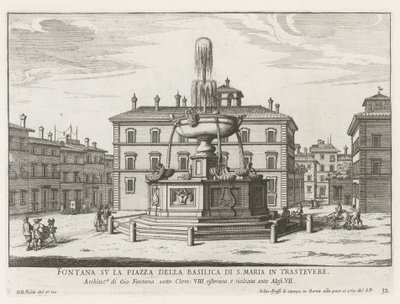 Fontein op Piazza Santa Maria Trasteveressa Suihkulähde S. Marian basilikan aukiolla Trasteveressa (otsikko esineessä) Fountains of Rome (sarjan nimi) Fonteinen van Rome (sarjan nimi) tekijältä Giovanni Battista Falda