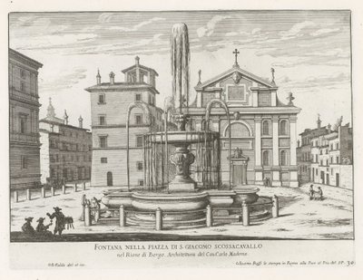 Fontein op Piazza Scossacavalli Roomassa Suihkulähde Piazza di S. Giacomo Scossacavallossa (otsikko esineessä) Fountains of Rome (sarjan nimi) Fonteinen van Rome (sarjan nimi) tekijältä Giovanni Battista Falda