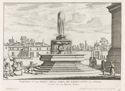 Fontein Piazza del Popolossa Roomassa Suihkulähde Piazza della Porta del Popololla tornin alla (otsikko esineessä) Fountains of Rome (sarjan nimi) Fonteinen van Rome (sarjan nimi) tekijältä Giovanni Battista Falda