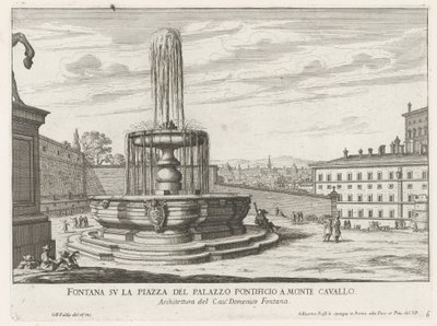 Fontein op Piazza del Quirinale te Rome Suihkulähde paavinpalatsin aukiolla Monte Cavallossa (otsikko esineessä) Fountains of Rome (sarjan nimi) Fonteinen van Rome (sarjan nimi) tekijältä Giovanni Battista Falda