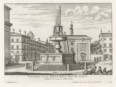 Fontein Piazza della Madonna dei Monti te Roomassa Suihkulähde Piazza della Mad.a de Montilla (otsikko esineessä) Fountains of Rome (sarjan nimi) Fonteinen van Rome (sarjan nimi) tekijältä Giovanni Battista Falda