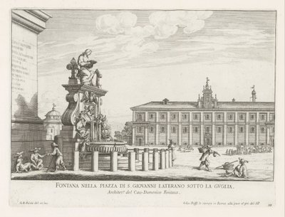 Fontein op Piazza di San Giovanni Laterano te Roomassa Suihkulähde Piazza di S. Giovanni Lateranolla tornin alla (otsikko esineessä) Fountains of Rome (sarjan nimi) Fonteinen van Rome (sarjan nimi) tekijältä Giovanni Battista Falda