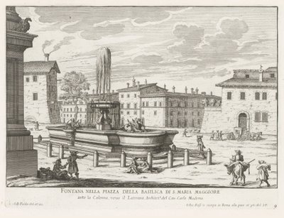 Fontein op Piazza di Santa Maria Maggiore te Roomassa Suihkulähde S. Maria Maggioren basilikan aukiolla (otsikko esineessä) Fountains of Rome (sarjan nimi) Fonteinen van Rome (sarjan nimi) tekijältä Giovanni Battista Falda