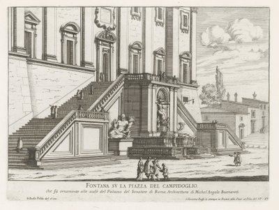 Suihkulähde Palazzo Senatorion edessä Capitolissa Roomassa Fontana su la Piazza del Campidoglio (otsikko esineessä) Fontane di Roma (sarjan nimi) Fountains of Rome (sarjan nimi) tekijältä Giovanni Battista Falda