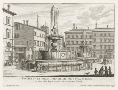 Fonteinen op Piazza Farnese te Rome Fontana su la Piazza Farnese del ser.mo s.r Duca di Parma (title on object) Fontane di Roma (series title) Fonteinen van Rome (series title) tekijältä Giovanni Battista Falda