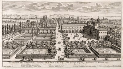 Perspektiivi Villa Medicin puutarhaan Roomassa, Giovanni Battista Faldan (1640 tai 1643-1678) kaiverrus Li Giardnista (Puutarhat) tekijältä Giovanni Battista Falda