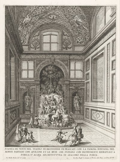 Tuulien huone de tuinen van de Villa Aldobrandini te Frascati Kahdenkymmenen hengen huone Belvedere-teatterissa Frascatissa (...) (otsikko esineessä) Frascatin huviloiden suihkulähteet (sarjan nimi) Fonteinen van Frascati (sarjan nimi) tekijältä Giovanni Battista Falda