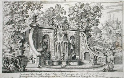Teatterin suihkulähde Villa Aldobrandinassa, Frascati, n. 1675, Le Fontanesta, julkaistu ennen vuotta 1687 (kaiverrus) tekijältä Giovanni Battista Falda
