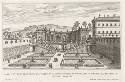 Tuinen van de Villa Mondragone te Frascati Toinen perspektiivinäkymä teatterista ja sen vieressä olevasta puutarhasta (...) (otsikko esineessä) Frascati-huviloiden suihkulähteet (sarjan nimi) Fonteinen van Frascati (sarjan nimi) tekijältä Giovanni Battista Falda