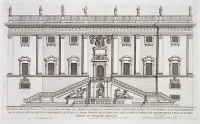 Näkymä Palazzo Senatorion julkisivusta Piazza del Campidogliossa, Roomassa, jonka aloitti Michelangelo Buonarroti (1475-1564) ja viimeisteli Girolamo Rainaldi (1570-1655) tekijältä Giovanni Battista Falda