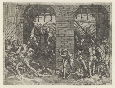 Romeinse soldaten vallen Crustumerium binnen Crustumenin uhri (...) riistetty hänen kansalaisuutensa (nimike esineessä) Leven van Romulus en Remus (sarjan nimi) tekijältä Giovanni Battista Fontana