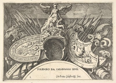 Levy 1: Roomalaisten aseiden pokaalit toisen kerroksen ikkunoiden yläpuolella olevista koristeista..., 1656-58. tekijältä Giovanni Battista Galestruzzi