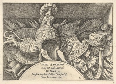 Levy 5: Roomalaisten aseiden pokaalit koristeista ikkunoiden yläpuolella ..., 1658. tekijältä Giovanni Battista Galestruzzi