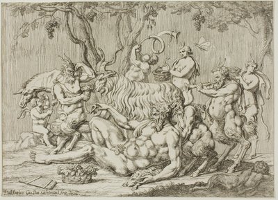 Silenus makaa vuohien ja satiirien kanssa makuuasennossa tekijältä Giovanni Battista Galestruzzi