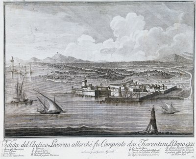 Näkymä Livornon satamasta, kun firenzeläiset ostivat sen vuonna 1421, kaiverrus kokoelmasta Livornon kaupungin ja sataman parhaat näkymät tekijältä Giovanni Battista Guerazzi