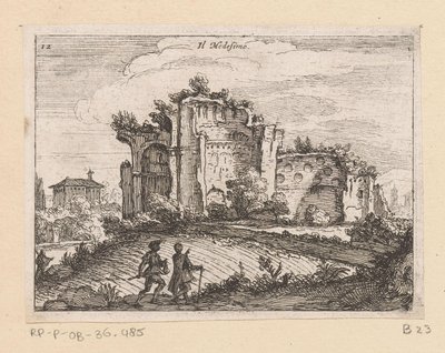 Rauniot maisemassa Il Medesino (otsikko esineessä) Rooman näkymät (sarjan nimi) Alcune vedute et prospettive di luoghi dishabitati di Roma (sarjan nimi) tekijältä Giovanni Battista Mercati