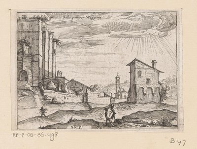 Palazzo Maggioren rauniot Roomassa ja rakennukset lähellä Sallo pallazo Maggiore (otsikko esineessä) Rooman näkymät (sarjan nimi) Alcune vedute et prospettive di luoghi dishabitati di Roma (sarjan nimi) tekijältä Giovanni Battista Mercati