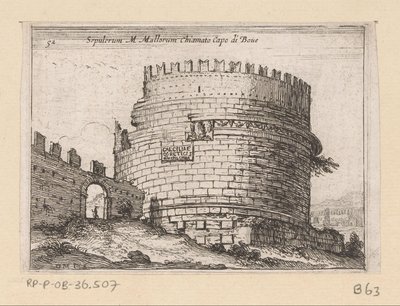 Tombe van Caecilia Metella Roomassa Sepulcrum M. Mallorum nimeltään Cape of Boue (otsikko esineessä) Gezichten op Rome (sarjan nimi) Joitakin näkymiä Rooman asumattomista paikoista (sarjan nimi) tekijältä Giovanni Battista Mercati