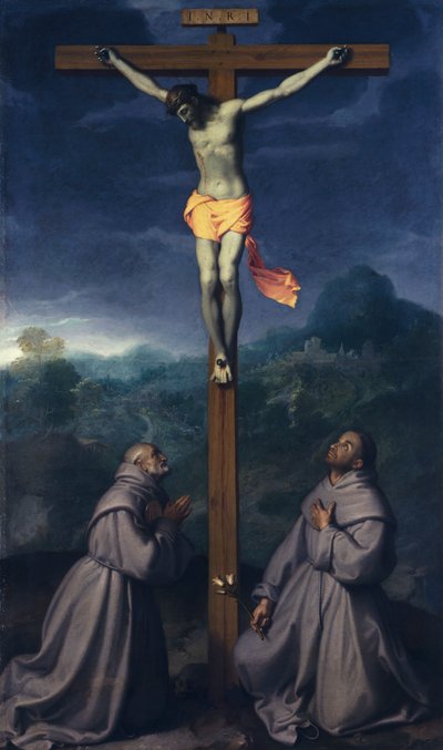 Ristiinnaulitseminen pyhien Bernardinon ja Anthony Padovalaisen kanssa, kirjoittanut Giovanni Battista Moroni (1525-1578), öljy kankaalle, 226x133 cm, San Giulianon kirkko, Albino tekijältä Giovanni Battista Moroni
