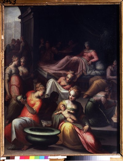 Pyhän Johannes Kastajan syntymä (Johannes Kastajan syntymä). Giovanni Battista Naldinin (1537-1591) maalaus. Öljy kankaalle. Aurinko: 89 x 74 cm. Firenzen manierismin taidetta. Pushkin-museo, Moskova. tekijältä Giovanni Battista Naldini