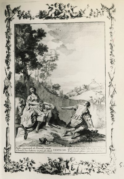 Jerusalem Delivered, canto XII, kuvitus Giovanni Battista Piazzetta (1683-1754) Torquato Tasson (1544-1595) runoon, painos julkaistiin Venetsiassa 1745, Italia tekijältä Giovanni Battista Piazzetta