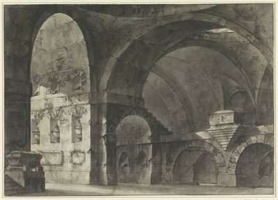 Suuren antiikkirakennuksen sisätilat tynnyriholveilla ja kupolirakenteella tekijältä Giovanni Battista Piranesi (attributed to)