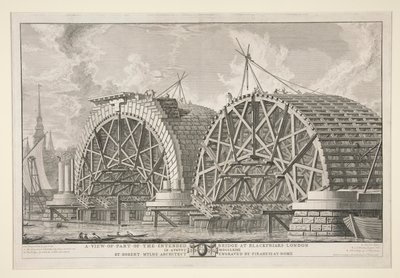 Näkymä osasta suunnitellusta sillasta Blackfriarsissä Lontoossa elokuussa MDCCLXIIII, arkkitehti Robert Mylne, kaivertanut Piranesi Roomassa tekijältä Giovanni-Battista Piranesi