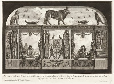 Toinen poikkileikkaus samasta työpajasta, jossa valtava pyramidi näkyy eteisen aukkojen välissä, polkujen monimuotoisuudesta. tekijältä Giovanni Battista Piranesi